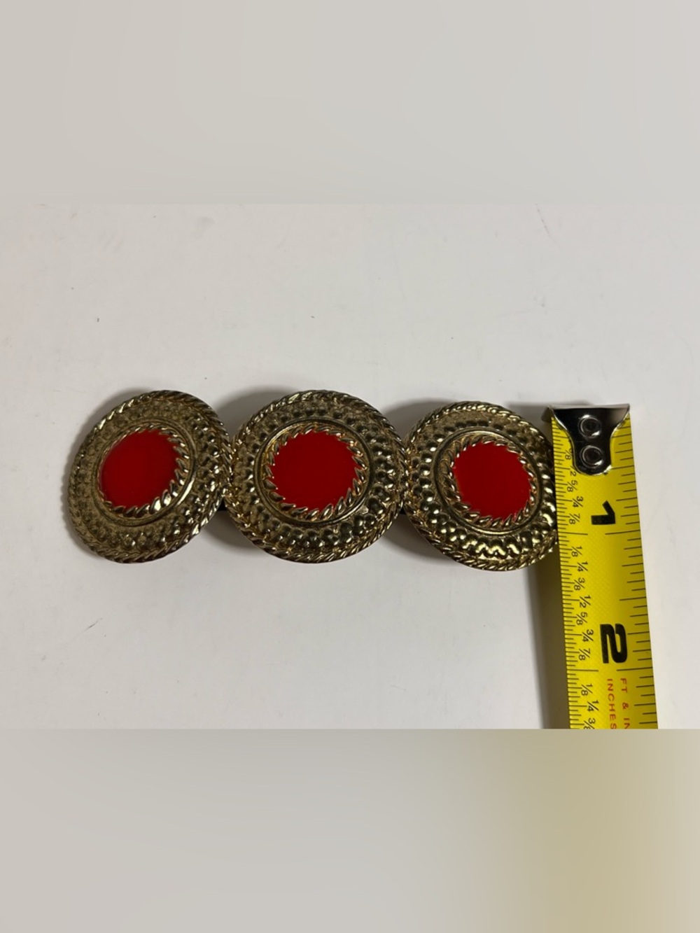 VTG Barrette Hair Clip Round Gold Toned Medallions Red Center Korea - Picture 3 of 7